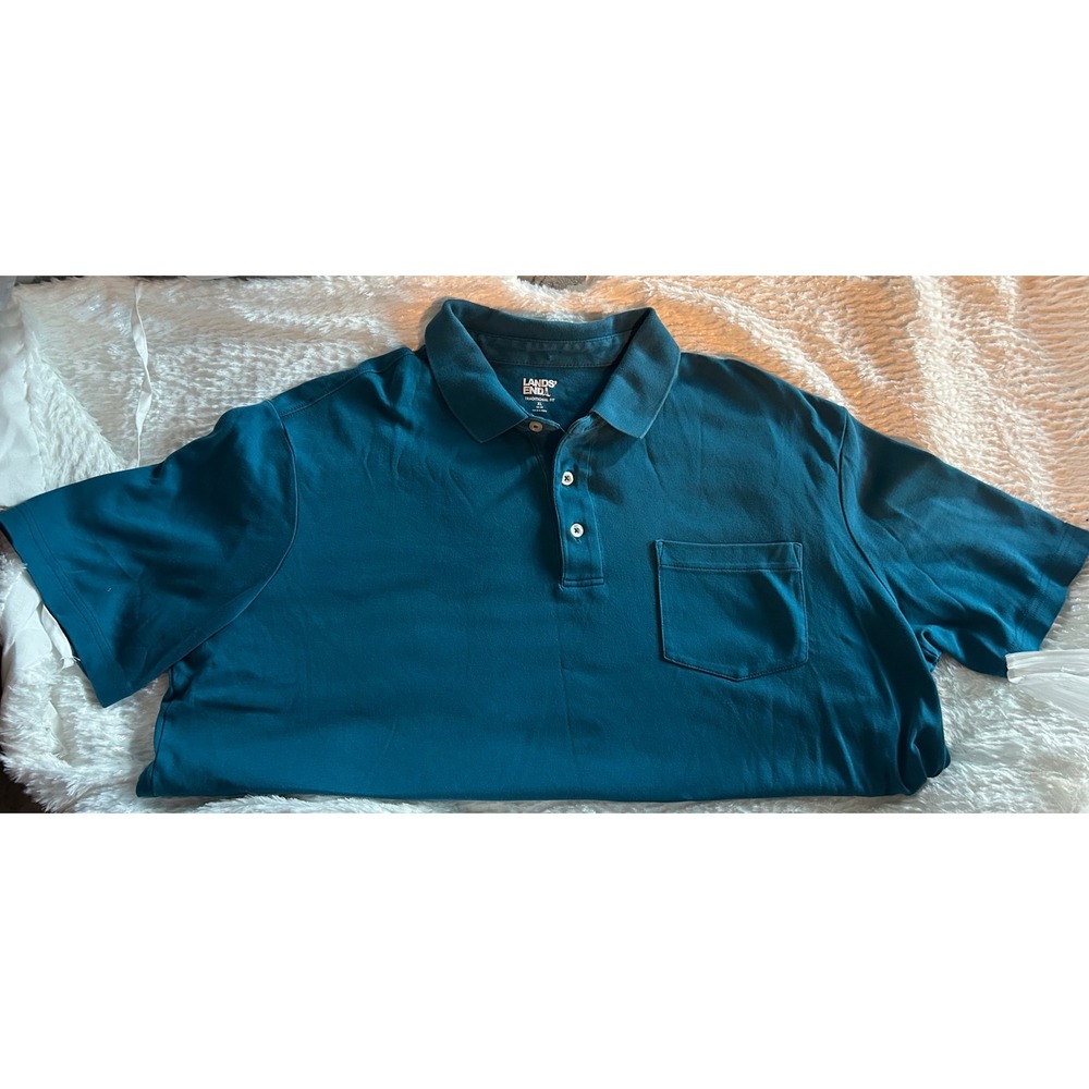 Lands End Mens XL Traditional Fit Short Sleeve Pocket Polo Shirt Teal Blue